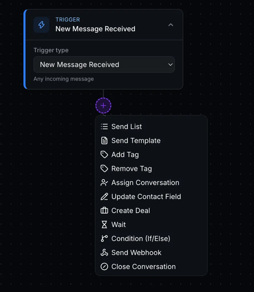 AI Botflow Visual Flow Builder Triggers and Action Dropdown