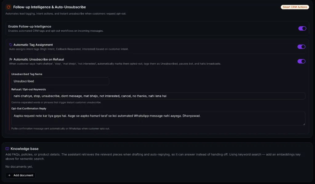 AI Botflow Follow-up Intelligence and Auto-Unsubscribe on Refusal - Anti-Spam Meta Quality Protection