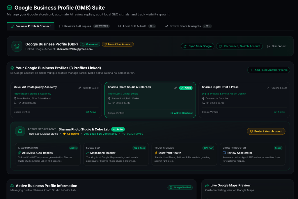 Google Business Profile GMB Suite Interface — Multi-Profile Management, Reviews AI Replies, Local SEO Audit